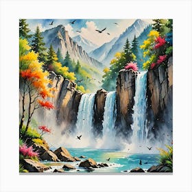 Water Colored Painting Water Color Spray Landscape Mountain Waterfall Birds Fly Vibrant Color Illust 3276196956 Canvas Print