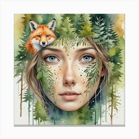 Fox And Girl In The Forest Canvas Print