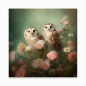 Two Owls In Flowers Canvas Print