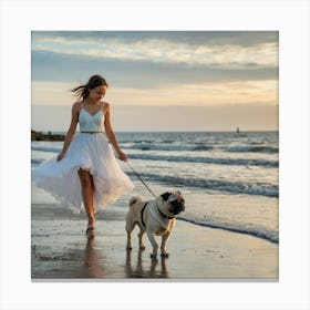 Girl Walks Her Dog On The Beach Canvas Print