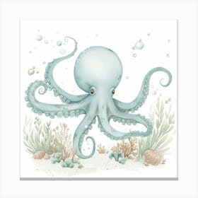 Storybook Style Octopus On The Ocean Floor With Aqua Marine Plants 7 Canvas Print