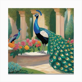 Peacocks in a Renaissance Garden Series. In Style of David Hockney 2 Canvas Print