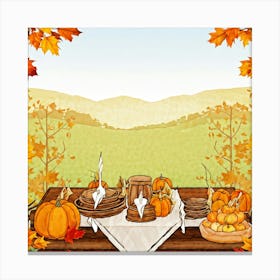 An Illustration Of A Thanksgiving Inspired Table Set Against An Autumn Nature Backdrop Showcasing A (2) Canvas Print