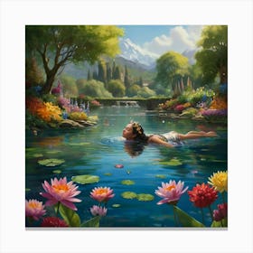 A gracefully floating water nymph, her delicate form surrounded by a tranquil garden of ethereal water blossoms. The petals of these flowers convey a range of emotions, shifting gently with the breeze that ripples through the crystal clear water. The aquatic stems showcase a vibrant array of colors, dazzling the eyes with their beauty. This captivating scene is depicted in a stunningly detailed painting, where every aspect is brought to life with rich and vibrant hues against green surroundings, crossing reality and illusion, highly detailed, cinematic scene, dramatic lighting, ultra realistic 6 Canvas Print