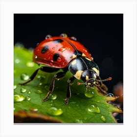 Ladybug On A Leaf With Water Drops Canvas Print