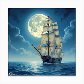 Majestic Ship Sailing Under A Watercolor Moonlight 1 Canvas Print