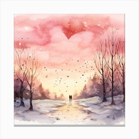Watercolor Of A Couple Walking In The Snow Canvas Print