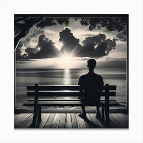 Photo Of A Black And White Picture Of A Person Facing The Sunset From A Bench 3 Canvas Print