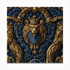 A mesmerizing coat of arms, featuring a striking eye at its center, is primarily adorned in the regal color of midnight blue. Two majestic griffins stand proudly on either side, with crossed weapons beneath them, all against a background shield. This detailed image, reminiscent of a medieval painting, exudes a sense of power and mystery. The craftsmanship is impeccable, with intricate details that command attention. The rich hues and intricate design make it a truly captivating and commanding piece of art. Canvas Print