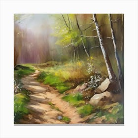 Path In The Woods.A dirt footpath in the forest. Spring season. Wild grasses on both ends of the path. Scattered rocks. Oil colors.22 Canvas Print