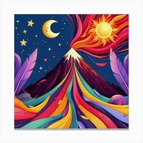 A Mountain With Colorful Streaks Of Ribbon With Purple Feathers Sun And Moon And Star In A Volcano Of Red Flames Canvas Print