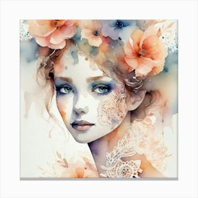 Watercolor Of A Girl With Flowers 8 Canvas Print