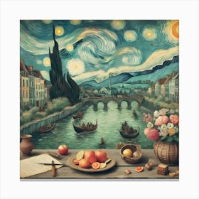 Whispers of the Enchanted Eve: Apples and Quills by the Starlit River Canvas Print
