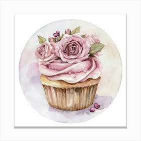 Watercolor Delicious Pink Flower Cupcake Canvas Print