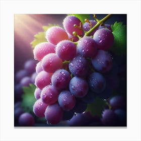 "A close-up photograph of a bunch of ripe purple grapes, glistening with water droplets, captured in the dappled sunlight of a summer afternoon, with a shallow depth of field, and a painterly, almost surreal quality, reminiscent of the old masters. Canvas Print