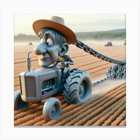 Cartoon Farmer Pulling A Tractor Canvas Print