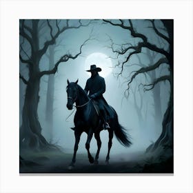 A Solitary Horseman Rides A Majestic Black Stallion Through A Misty, Moonlit Forrest 3 Canvas Print