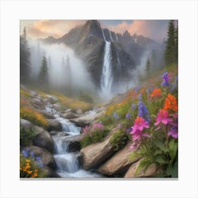 Waterfall In The Mountains paintings art print 1 Canvas Print