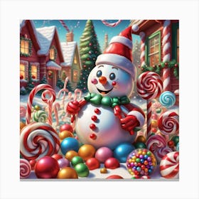 Snowman With Candy Canes Canvas Print