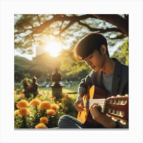 Young Man Playing Guitar In The Park Canvas Print