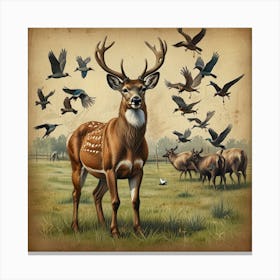 Deer And Birds 1 Canvas Print