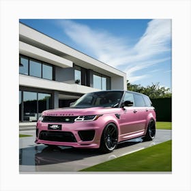 A Sleek Pink Range Rover Sport With A High Gloss Finish In Front Of Modern Mansion Canvas Print