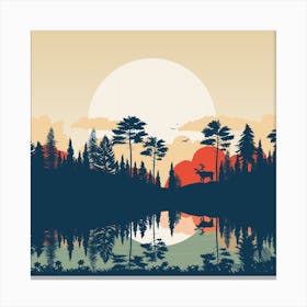 Sunset In The Forest Lake Deer Water Canvas Print