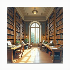 Watercolor Of A French Library With Grand Architecture And Antique Books 1 Canvas Print