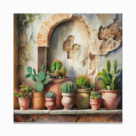 Watercolor painting of an old, weathered wall with cracked stone and peeling paint. The background features various sizes and shapes of terracotta pots on the shelf below. Each pot is filled with vibrant cacti or succulents, 4 Canvas Print