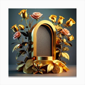 Golden Frame With Roses Canvas Print