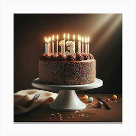 Scrumptious and delectable chocolate cake with rainbow sprinkles and thirteen lit candles sits on an elegant white cake stand, ready to be enjoyed on a special day. Canvas Print