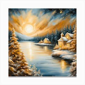 Winter Night By The Lake Canvas Print