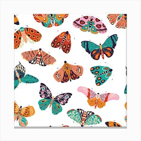 Colorful Hand Drawn Moths And Butterflies Pattern On White Square Canvas Print