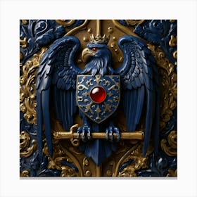 A mesmerizing coat of arms, featuring a striking eye at its center, is primarily adorned in the regal color of midnight blue. Two majestic griffins stand proudly on either side, with crossed weapons beneath them, all against a background shield. This detailed image, reminiscent of a medieval painting, exudes a sense of power and mystery. The craftsmanship is impeccable, with intricate details that command attention. The rich hues and intricate design make it a truly captivating and commanding piece of art. 3 Canvas Print