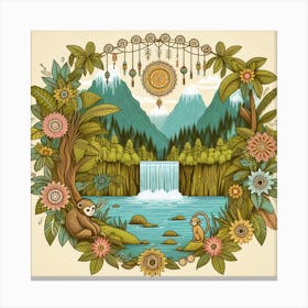 Monkey at the waterfall, Boho style Canvas Print