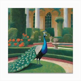 Peacocks in a Renaissance Garden Series. In Style of David Hockney Canvas Print