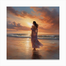 Woman Walking On The Beach At Sunset Canvas Print