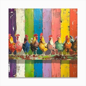 Rainbow Retro Chickens On The Fence 1 Canvas Print