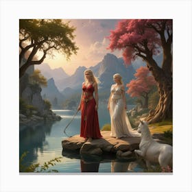 Two Women By The Lake Canvas Print