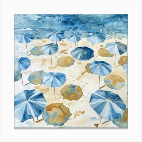 Blue Umbrellas On The Beach 2 Canvas Print
