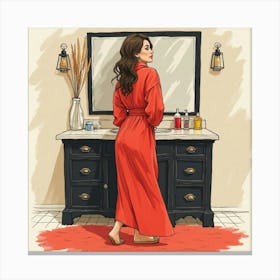 Woman In Red Robe Bathrobe Leinwandbild