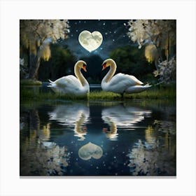 Two Swans In The Moonlight forming a heart love Canvas Print