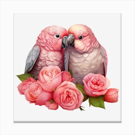 Pink Parrots With Roses Canvas Print