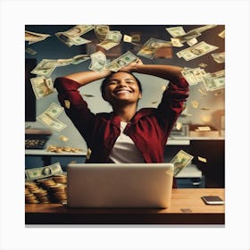 Woman With Money Falling On Her Head Canvas Print