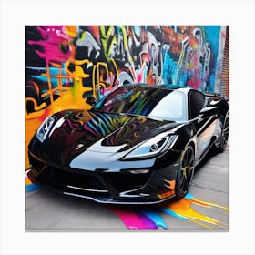 Black Sports Car In Front Of Graffiti Canvas Print
