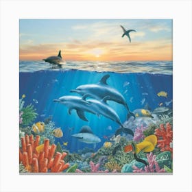 An enchanting and dreamlike art print featuring a whimsical underwater scene with gracefully swimming dolphins and vibrant coral reefs. This captivating and imaginative art print brings a touch of marine magic to home decor, perfect for ocean lovers and those seeking a serene ambiance Canvas Print