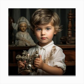 Little Boy Holding A Toy Canvas Print