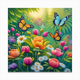 into the garden : Colorful Flowers And Butterflies Canvas Print