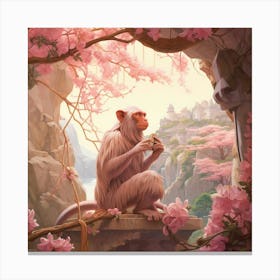 Macaque 2 Pink Jungle Animal Portrait Canvas Print