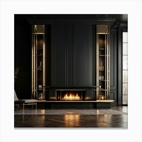 Modern Geometric Fireplace Polished Black Surface Brass Accents Including Narrow Shelves Minimal Canvas Print